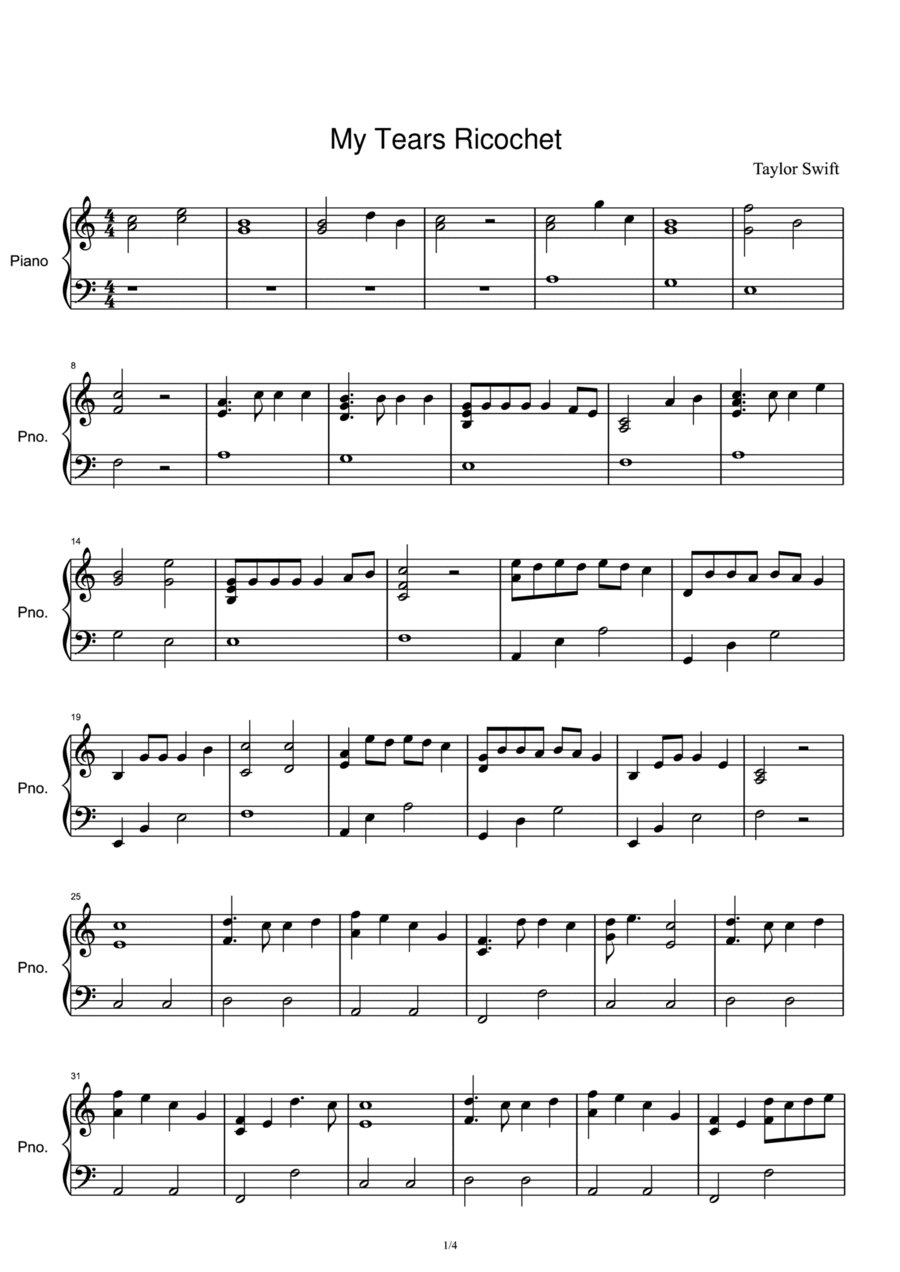 My Tears Ricochet Piano Solo scores gallery preview page 1