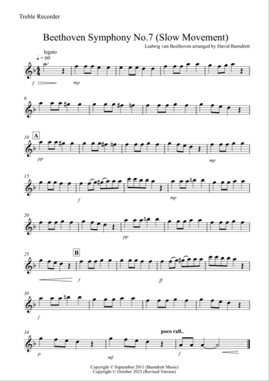 Beethoven Symphony No.7 (slow movement) for Recorder Quartet Recorder scores gallery preview page 4