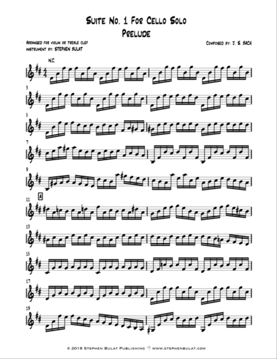 Cello Suite No 1 in G - Prelude (Bach) - arranged for solo violin or treble clef instrument (key of