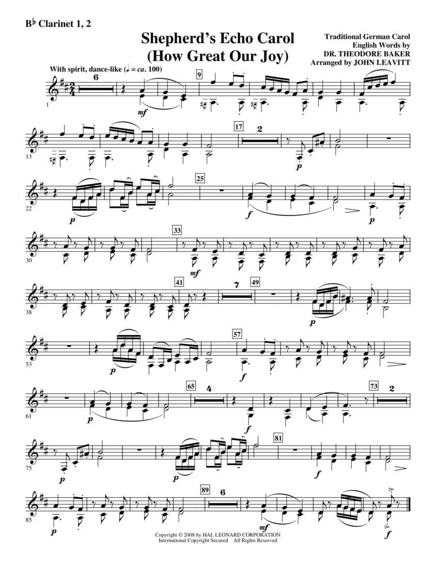 Shepherd's Echo Carol (How Great Our Joy) (arr. John Leavitt) - Bb Clarinet 1 & 2 Choir scores gallery preview page 1