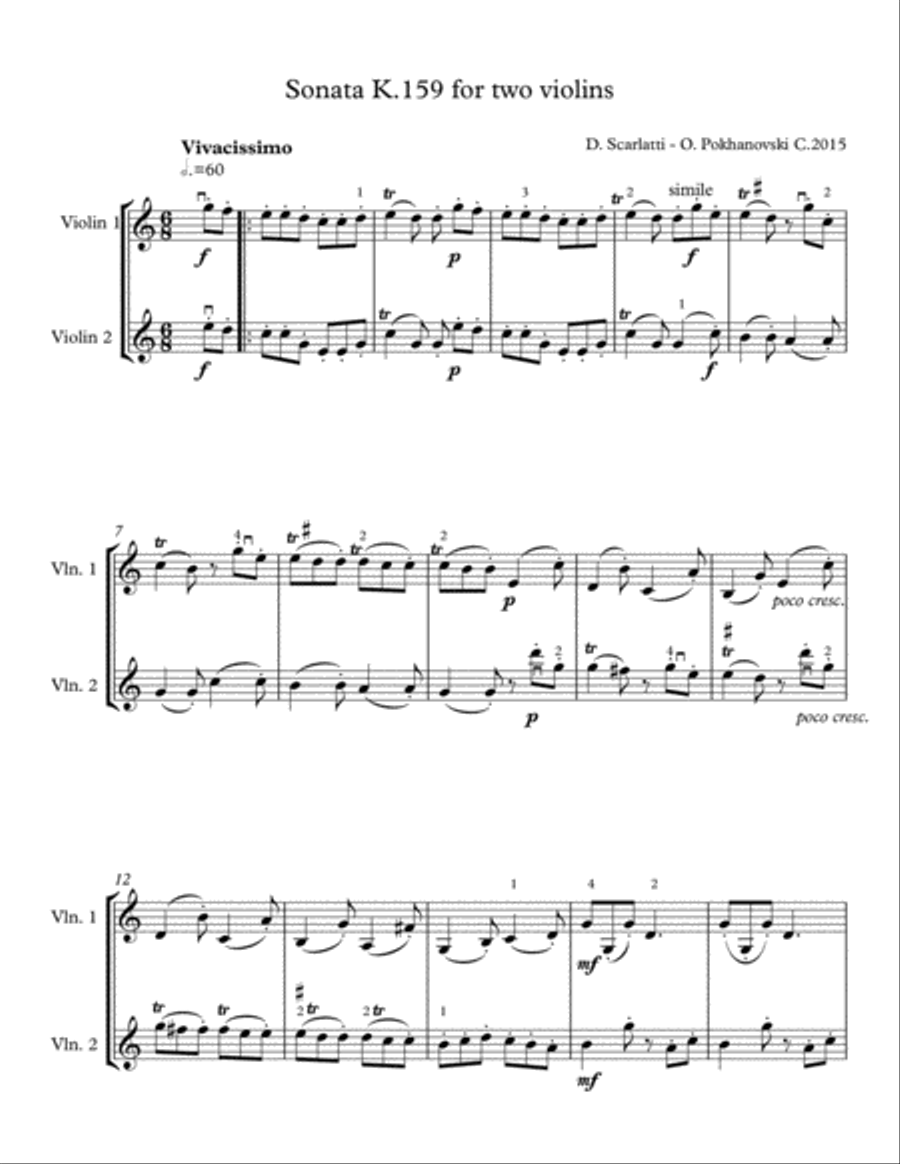 D. Scarlatti Sonata in C K.159 for two violins String Duet scores gallery preview page 1
