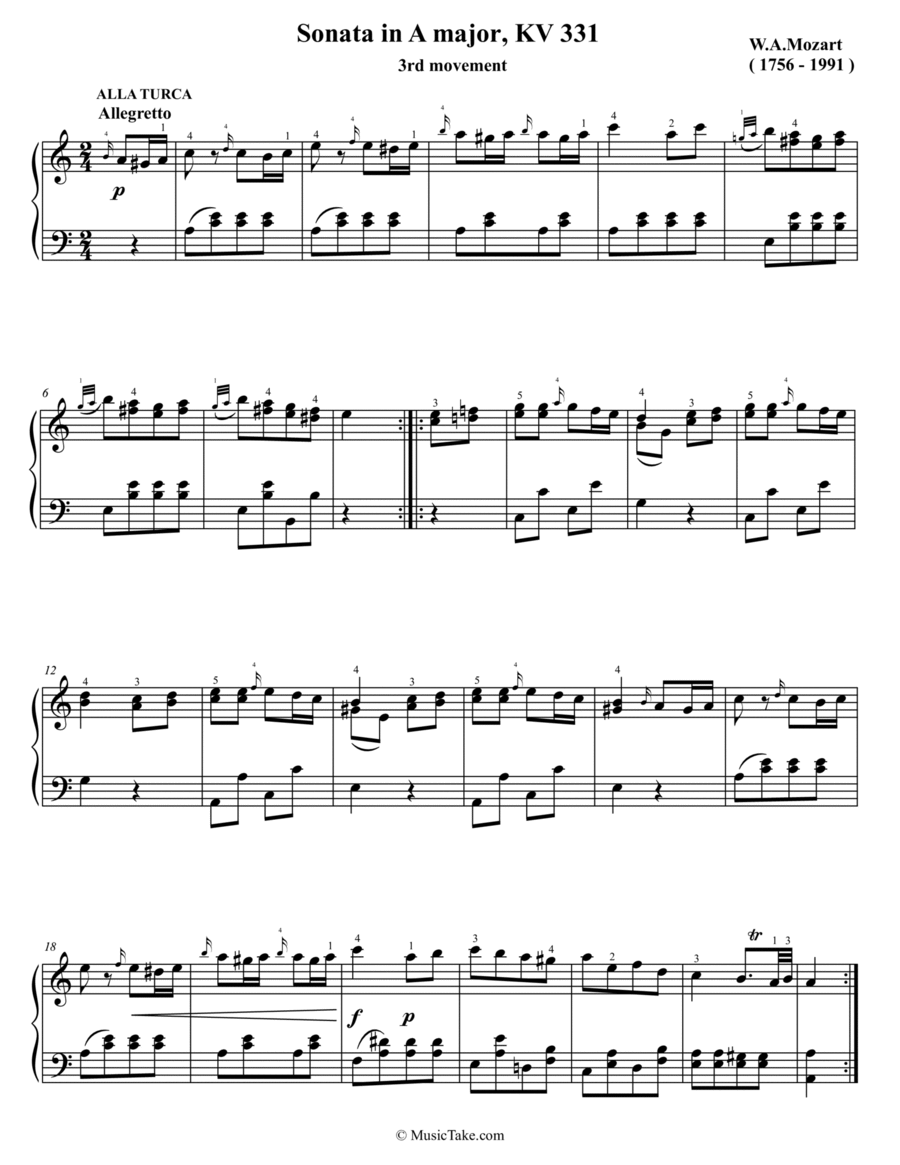 Mozart Alla Turca (3rd movement from Sonata KV 331) Piano Solo scores gallery preview page 1