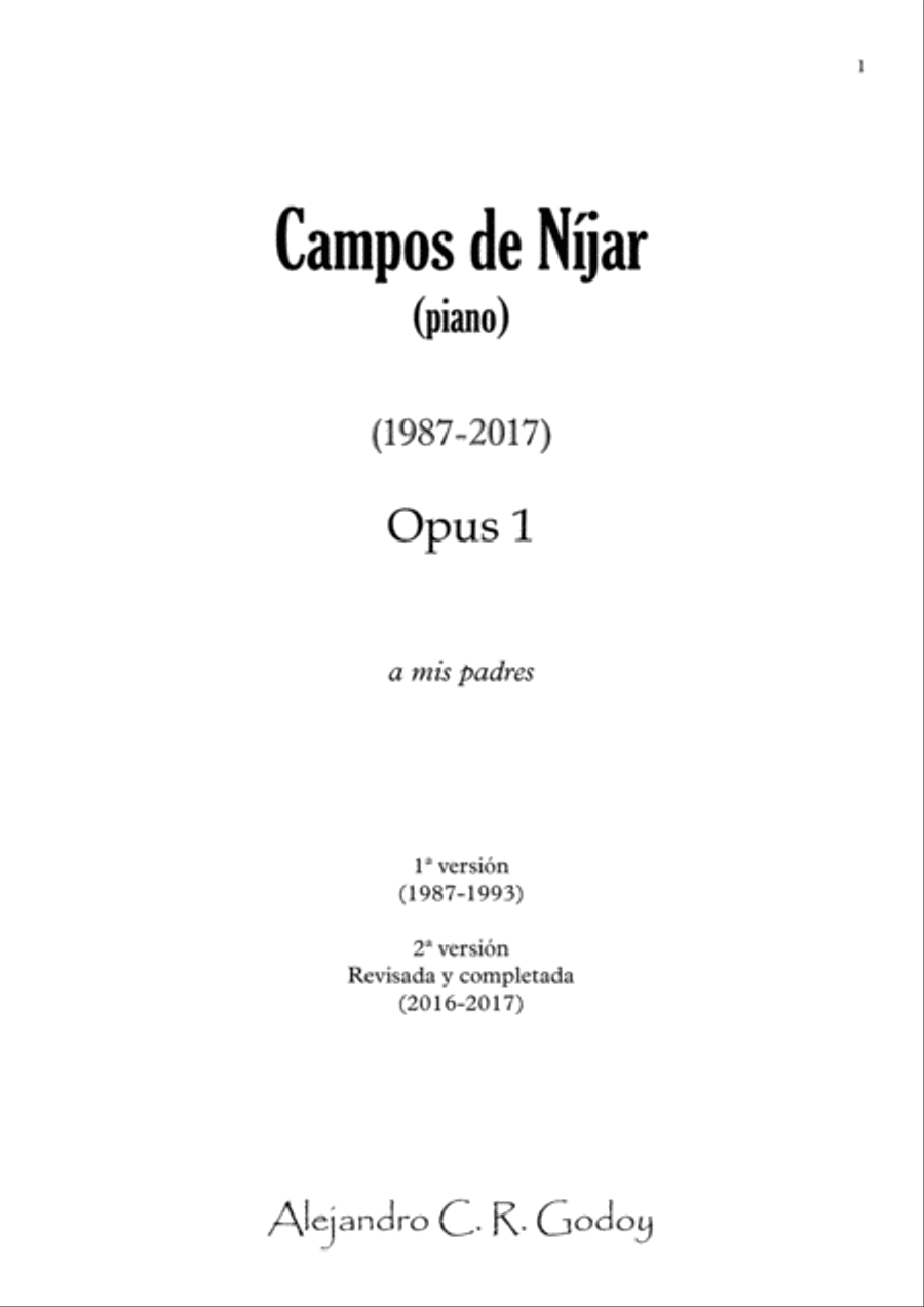 Campos de Níjar, Op.1 - I. Los Cármenes ('Al amanecer') (2017) Piano Solo scores gallery preview page 1