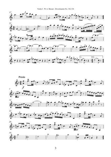 Mozart - Divertimento No.3 K138 (single part)  for string quartet or string orchestra
