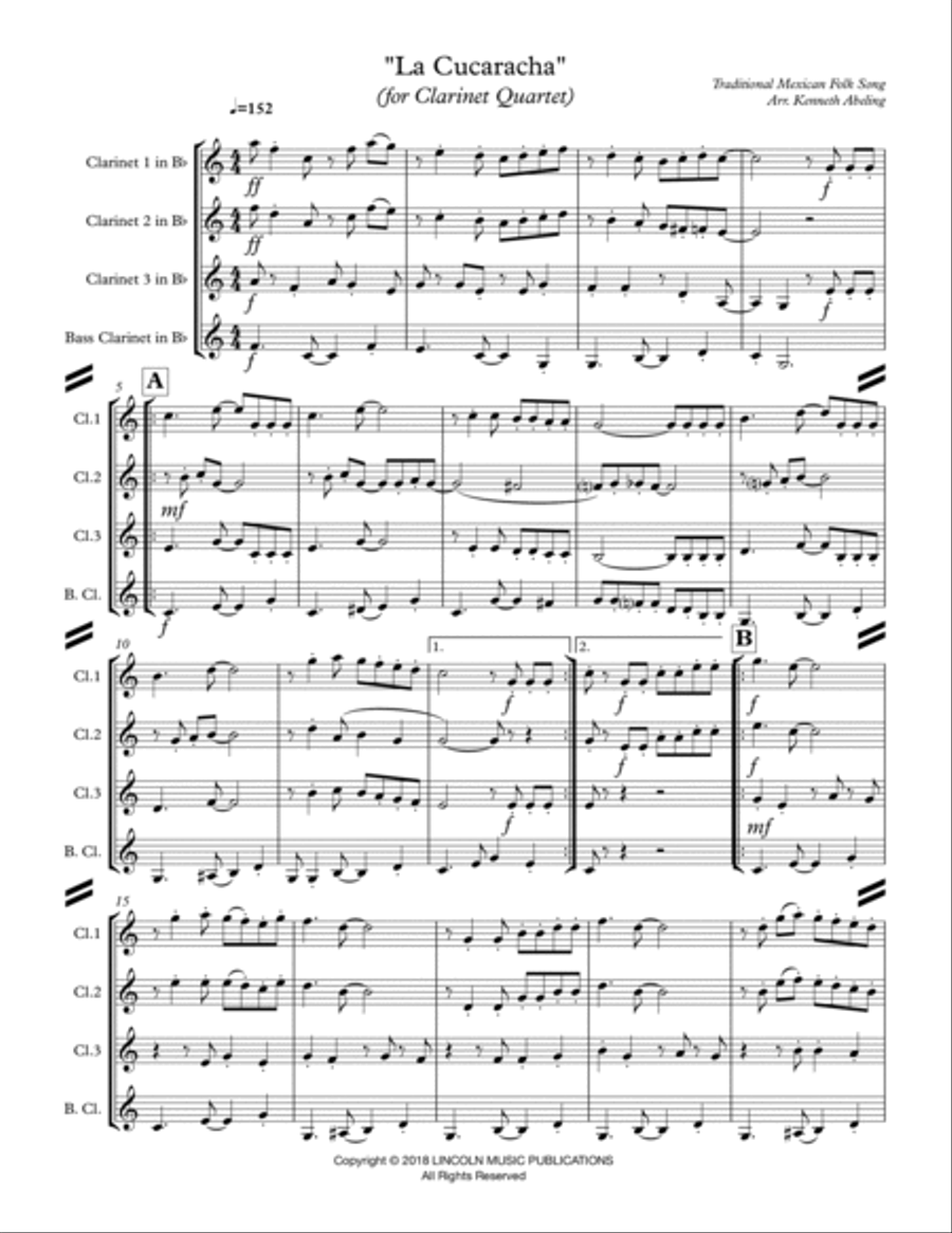La Cucaracha (for Clarinet Quartet) Clarinet Quartet scores gallery preview page 2