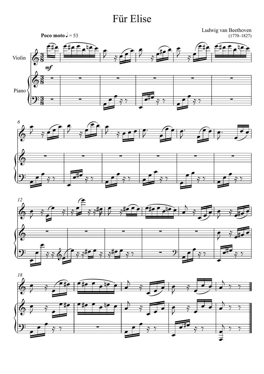 Beethoven - Für Elise (Violin Solo) Easy Version Violin Solo scores gallery preview page 1
