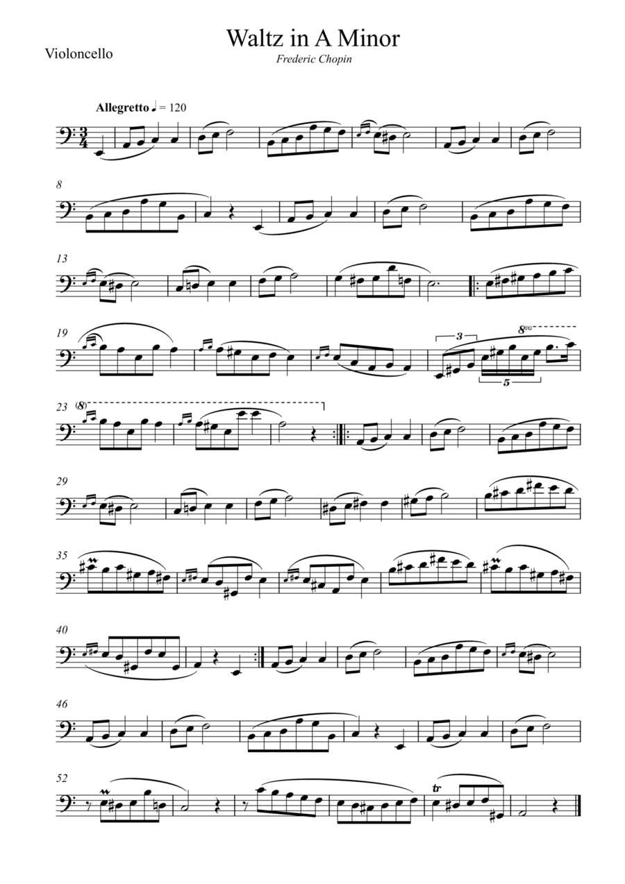 Waltz in A Minor (Chopin) Cello Solo scores gallery preview page 1