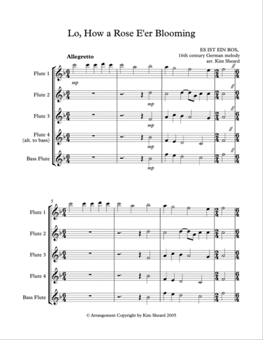 Lo, How a Rose E'er Blooming arranged for 4 C flutes or 3 C flutes and bass flute Flute Quartet scores gallery preview page 2