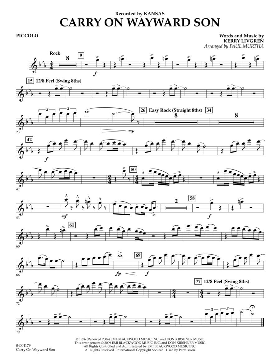 Carry On Wayward Son - Piccolo Concert Band scores gallery preview page 1