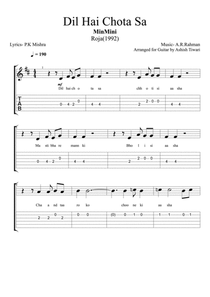 Dil hai chota sa sheet music and guitar tabs for beginner guitar players﻿ image number null
