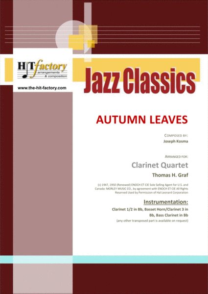 Autumn Leaves - Jazz Classic - Les feuilles mortes - Clarinet Quartet image number null