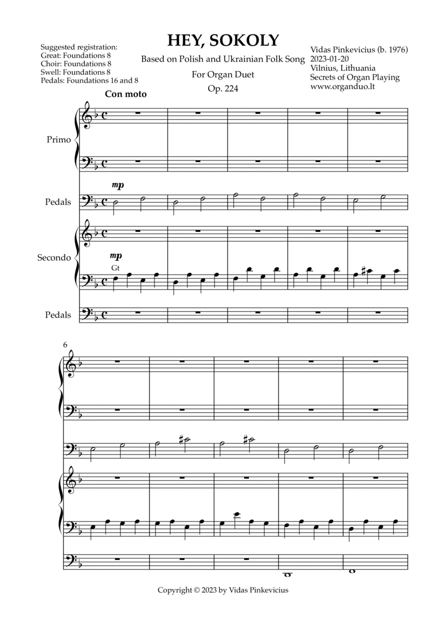 Book cover for Hey, Sokoly, Op. 224 (Organ Duet) by Vidas Pinkevicius