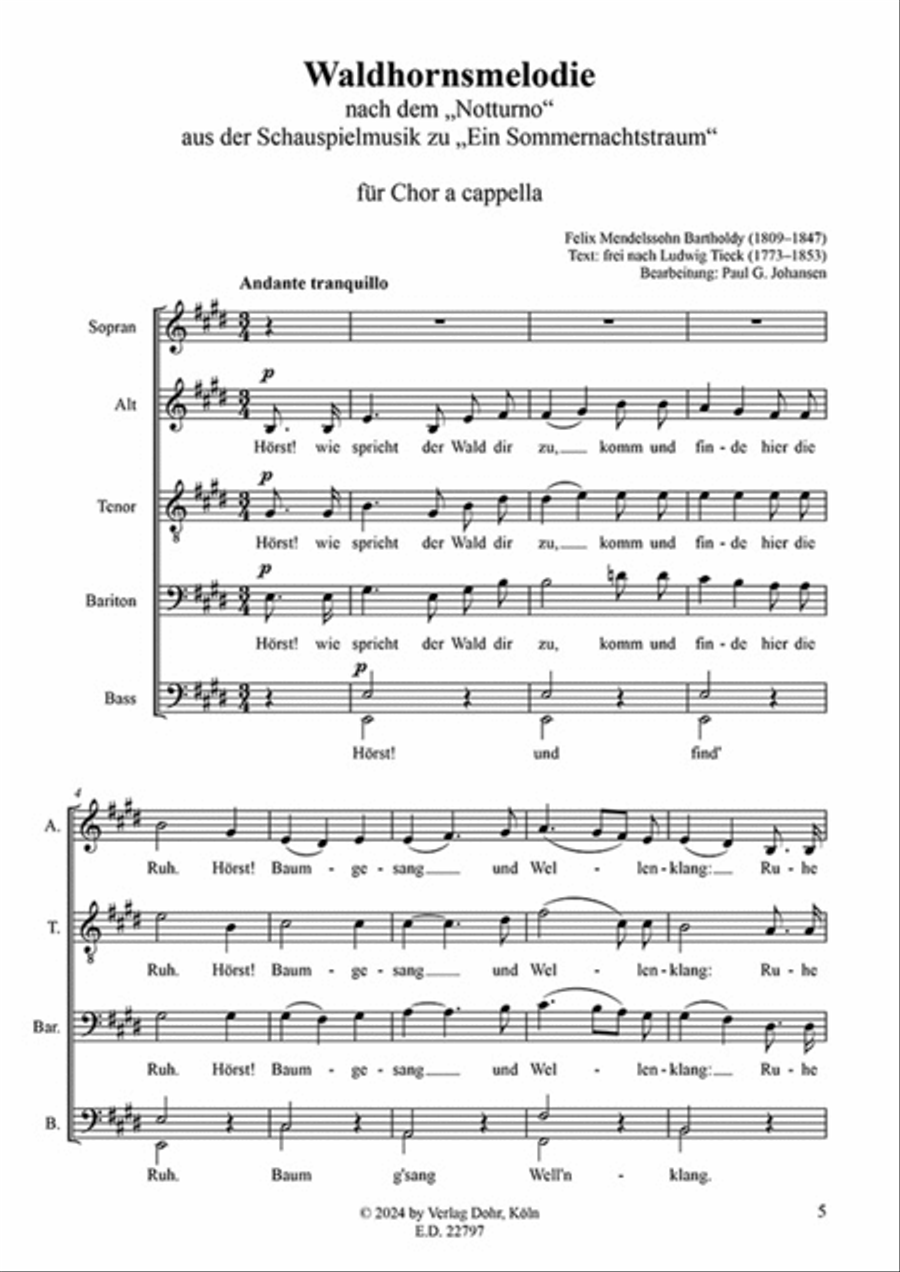 Waldhornsmelodie für gemischten Chor a cappella (nach dem Notturno aus der Schauspielmusik zu 