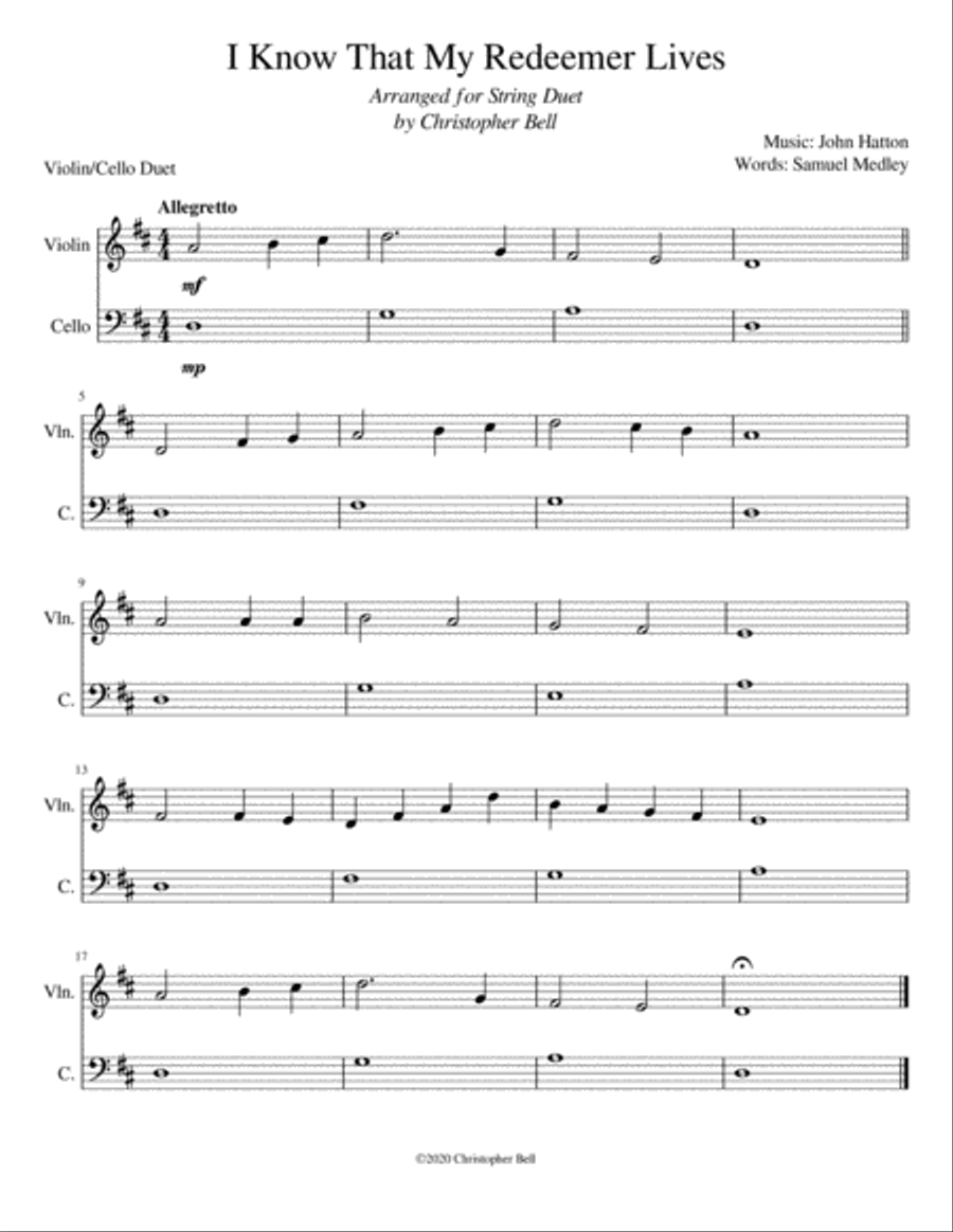 I Know That My Redeemer Lives - Easy Violin/Cello Duet String Duet scores gallery preview page 1