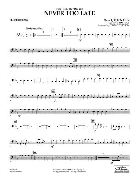 Never Too Late (from The Lion King 2019) (arr. Johnnie Vinson) - Bass