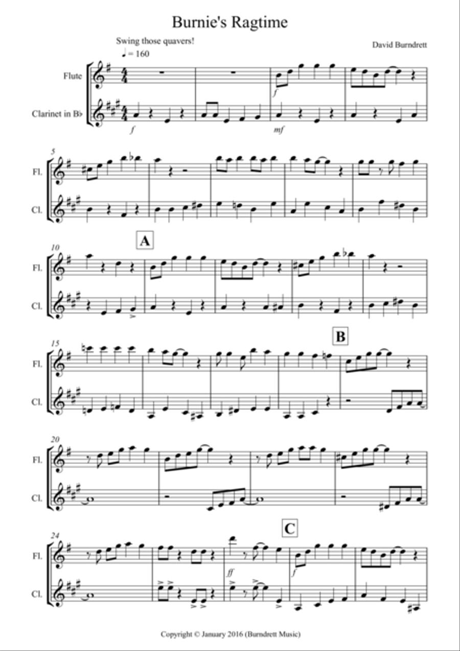 Burnie's Ragtime for Flute and Clarinet Duet Woodwind Duet scores gallery preview page 1