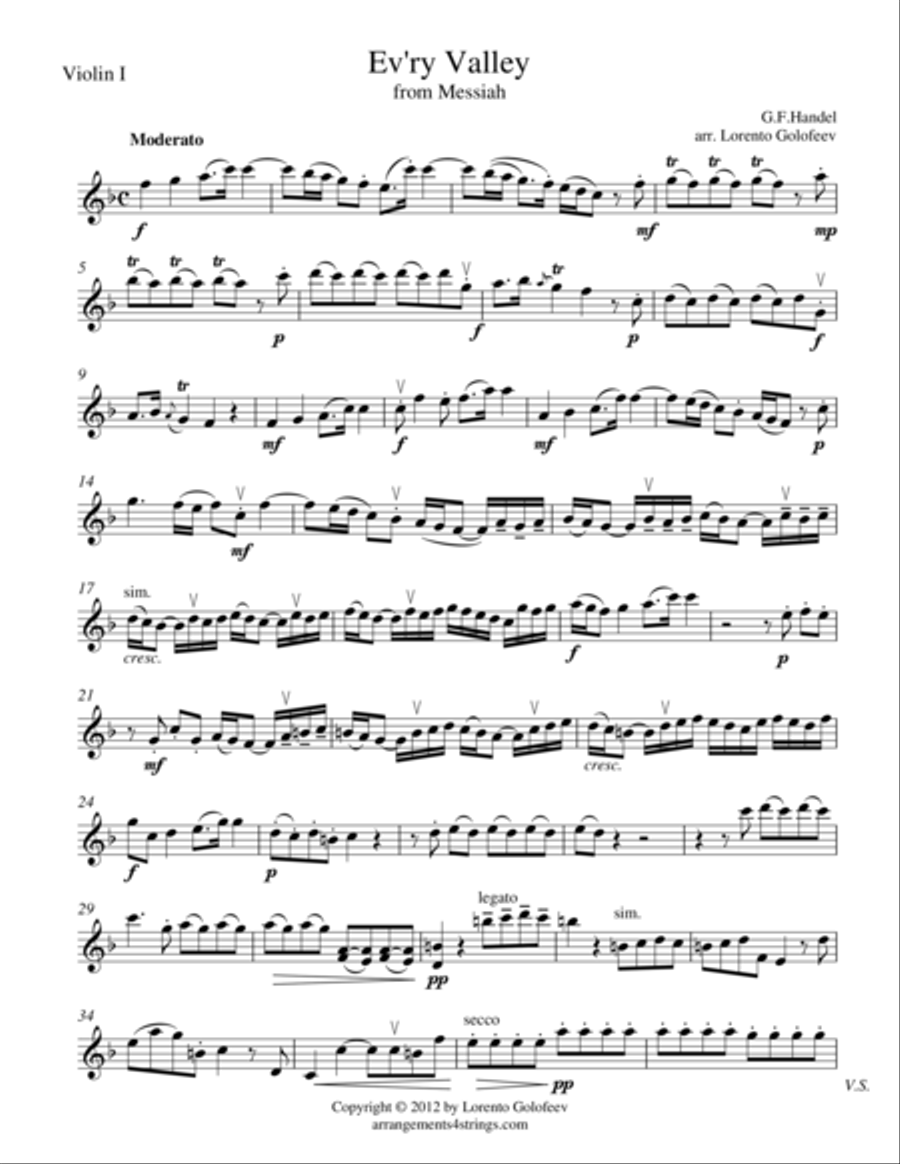 Ev'ry Valley from Messiah String Quartet scores gallery preview page 1