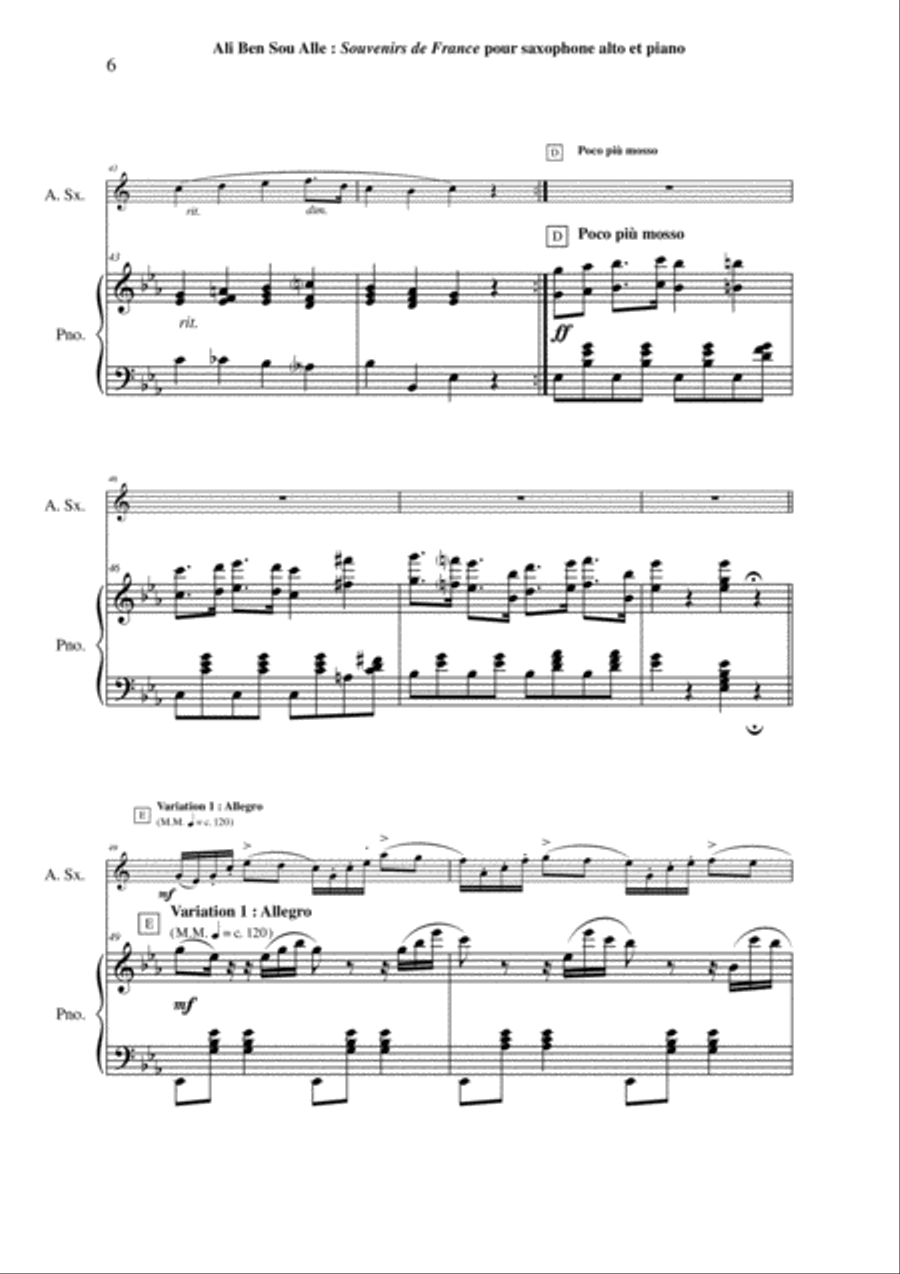 Ali Ben Sou Alle: Souvenirs de France for alto saxophone and piano Alto Saxophone scores gallery preview page 6