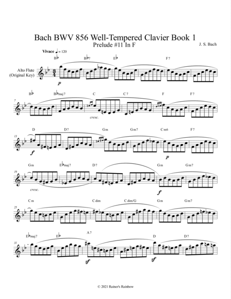 Bach BWV 856 Well-Tempered Clavier Book 1 Prelude 11 In F Flute Oboe Sax Study