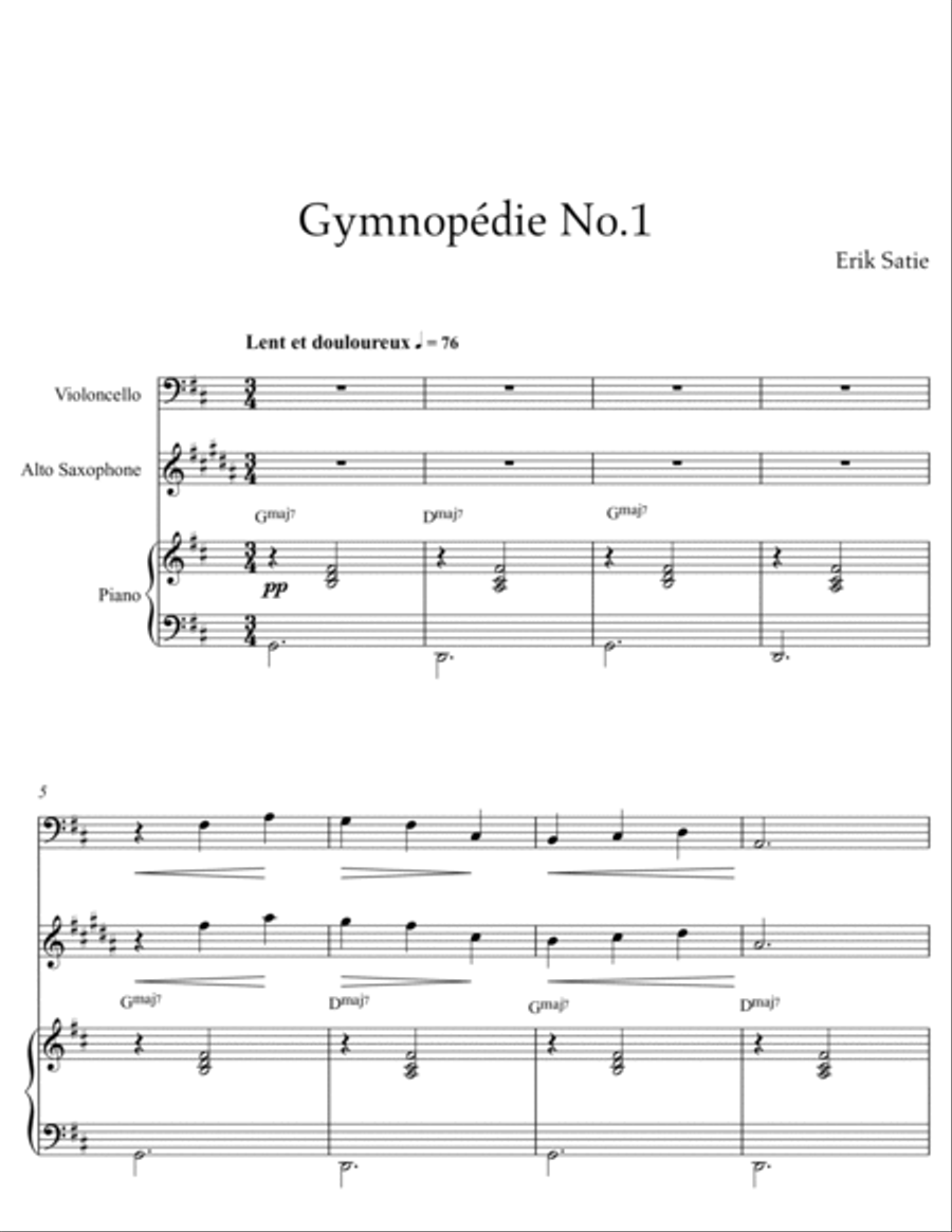 Erik Satie - Gymnopedie No 1(Trio Piano, Cello and Alto Sax) with chords Small Ensemble scores gallery preview page 2