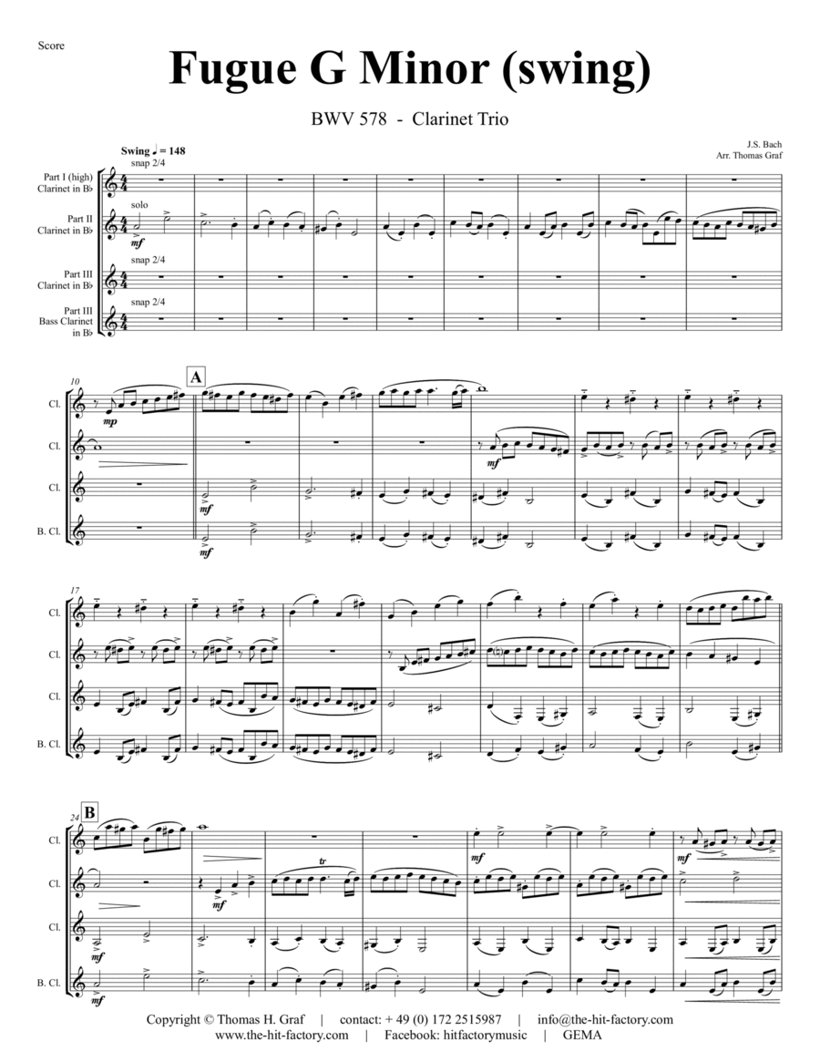 Fugue G Minor - (the 'little') - BWV 578 - Swing - Clarinet Trio Clarinet Trio scores gallery preview page 1