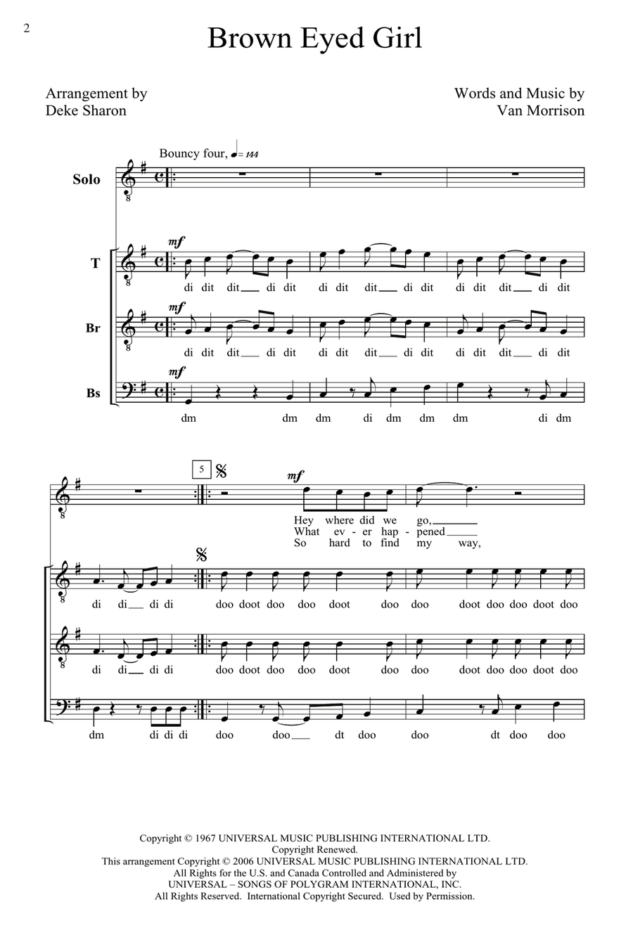 Brown Eyed Girl (arr. Deke Sharon) TTBB scores gallery preview page 1