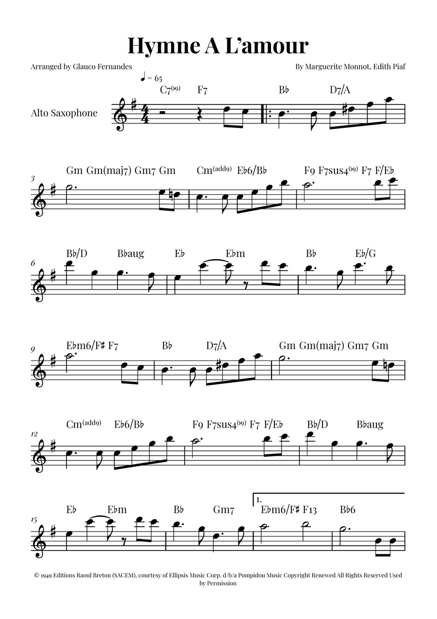 Hymne A L'amour Alto Saxophone scores gallery preview page 1