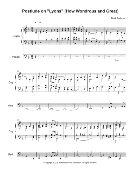 Postlude on "Lyons" (How Wondrous and Great) for solo organ by Mark Andersen