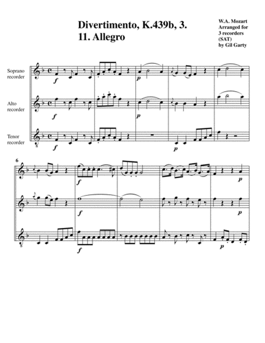 Divertimento, K.439b, 3 (arrangement for recorders)