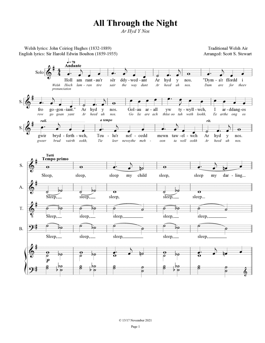 All Through the Night (Ar Hyd Y Nos) - Welsh Christmas Carol Hymn tune 4-Part scores gallery preview page 1