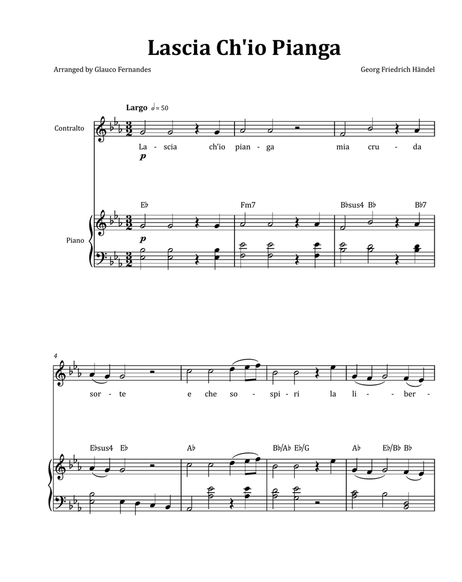 Lascia Ch'io Pianga by Händel - Contralto & Piano in E-flat Major with Chord Notation Chamber Music scores gallery preview page 1