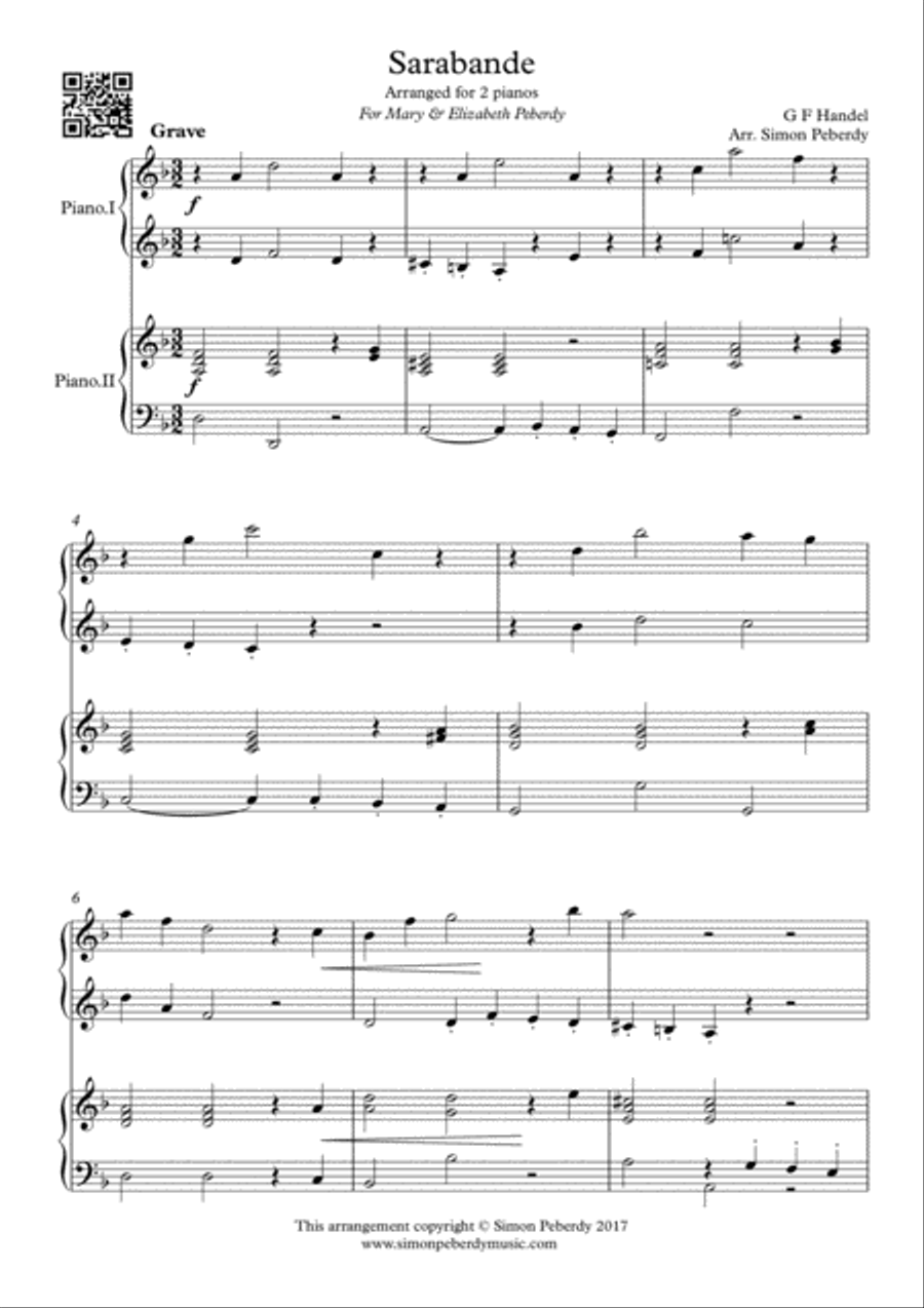 Sarabande (Handel), a new, easy arrangement for 2 pianos by Simon Peberdy Easy Piano scores gallery preview page 2