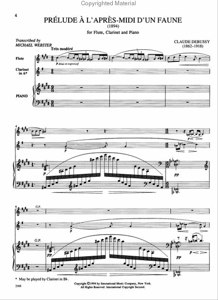 Prelude l'apres midi d'un faune (Prelude to 'Afternoon of a Faun') for Flute, Clarinet & Piano)