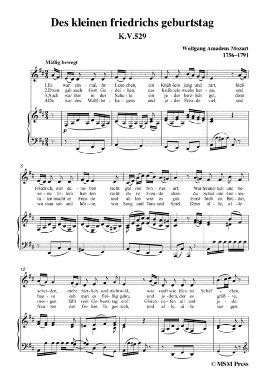 Mozart-Des kleinen friedrichs geburtstag,in D Major,for Voice and Piano image number null