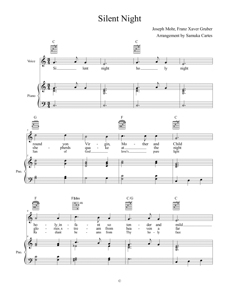 Silent Night Piano, Vocal, Guitar scores gallery preview page 1