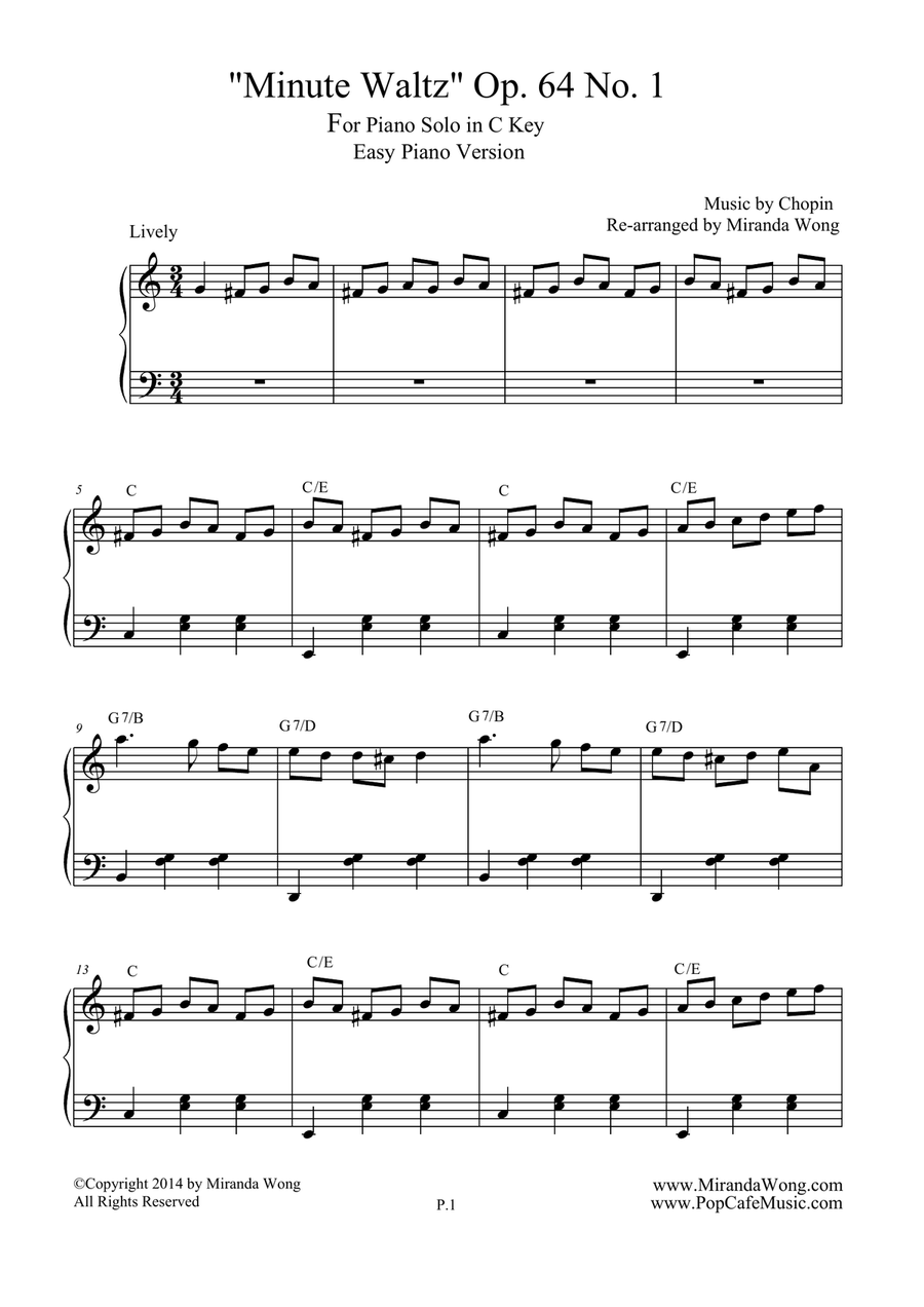 Minute Waltz in C by Chopin - Easy Piano Solo Easy Piano scores gallery preview page 1