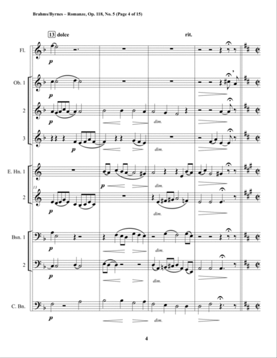 Johannes Brahms – Romanze, Op. 118, No. 5 (Double Reed Octet + Flute) Woodwind Ensemble scores gallery preview page 4
