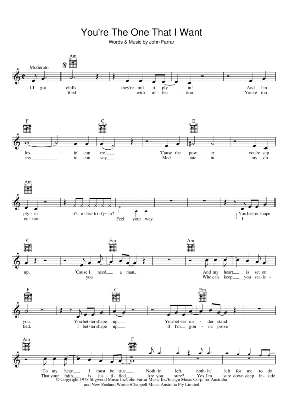 You're The One That I Want (from Grease) Piano scores gallery preview page 1