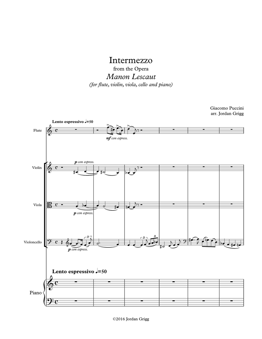 Intermezzo from the Opera Manon Lescaut (for flute, violin, viola, cello and piano) Small Ensemble scores gallery preview page 1