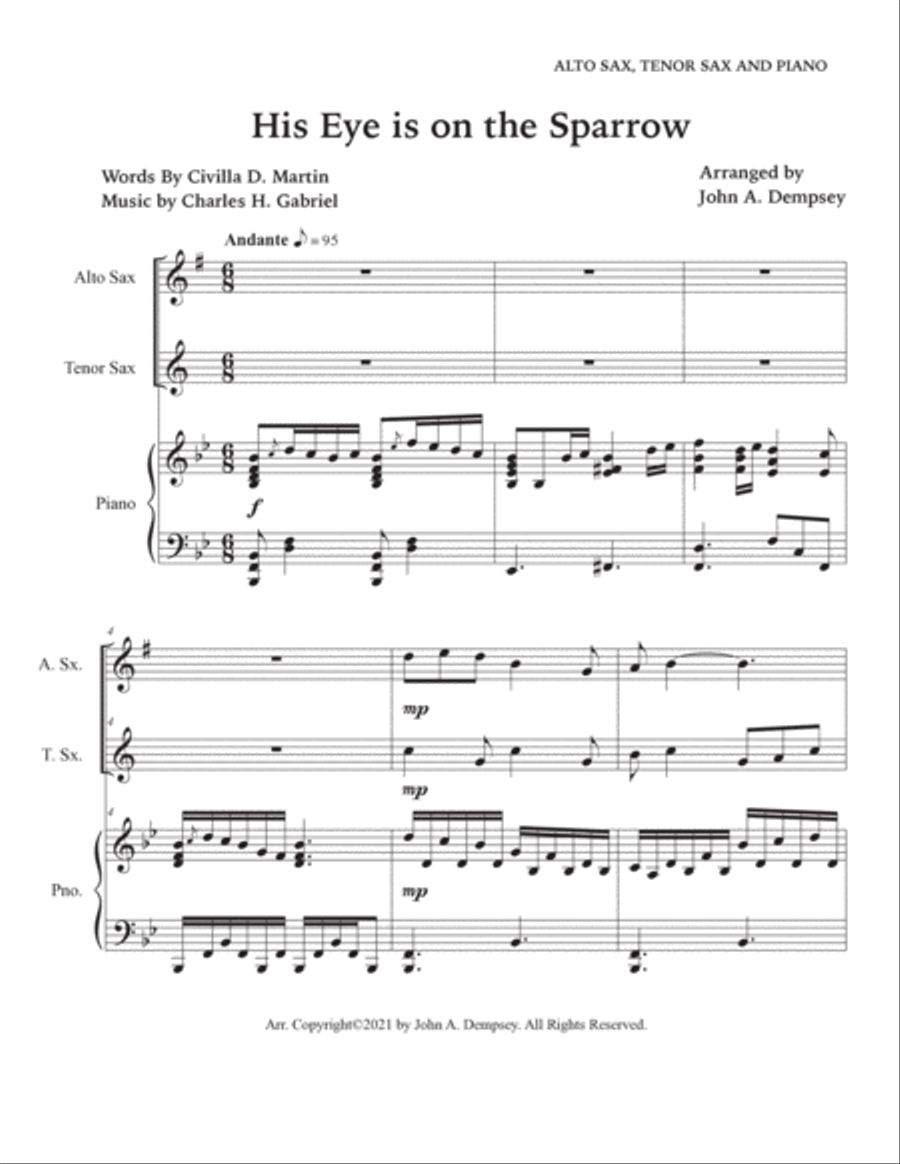 His Eye is on the Sparrow (Trio for Alto Sax, Tenor Sax and Piano) Tenor Saxophone scores gallery preview page 5