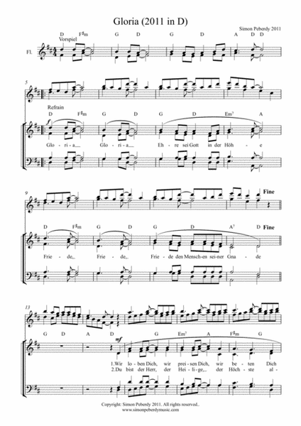 Gloria 2011 in D (in German and English) from a rhythmical mass for SATB, piano/guitar and 2 flutes image number null