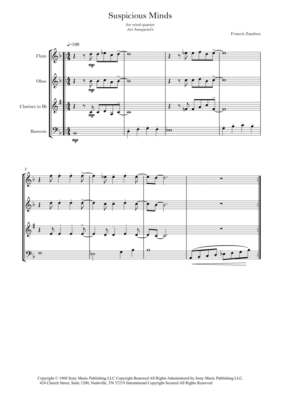 Suspicious Minds Suspicious Minds Woodwind Quartet scores gallery preview page 1