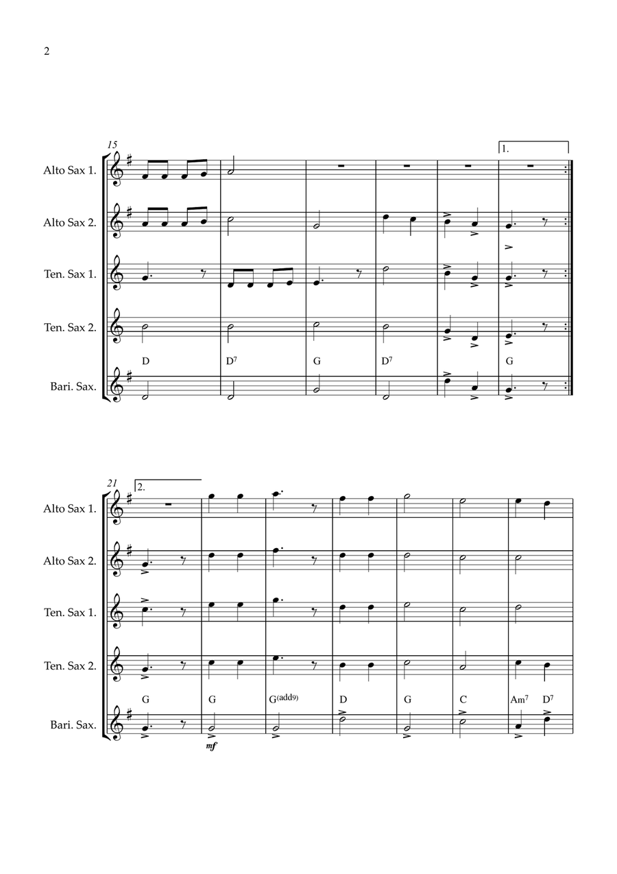 Joy To The World Sax quintet easy beginner Saxophone Quintet scores gallery preview page 2