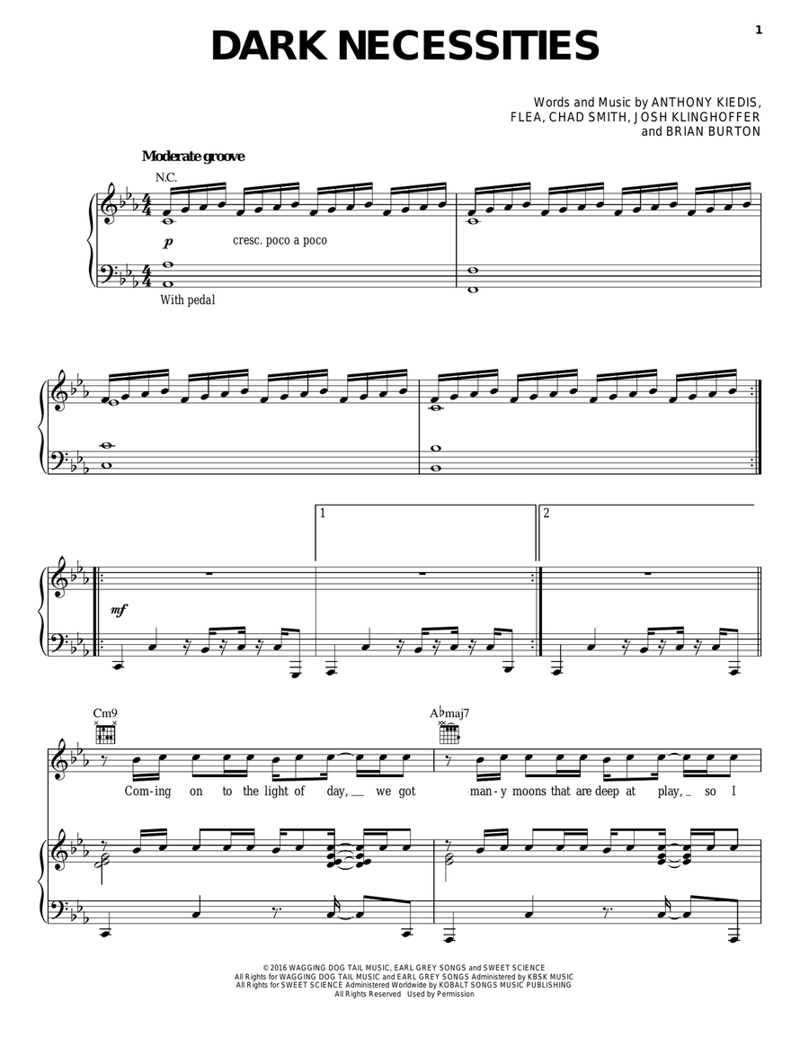 Dark Necessities Piano, Vocal, Guitar scores gallery preview page 1
