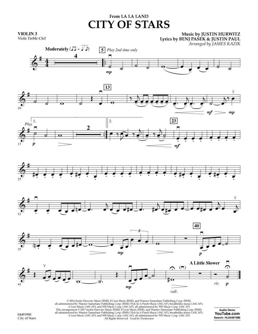 City of Stars (from La La Land) - Violin 3 (Viola Treble Clef)