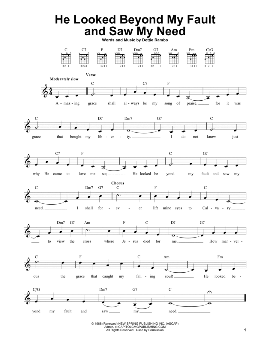 He Looked Beyond My Fault And Saw My Need Easy Guitar scores gallery preview page 1