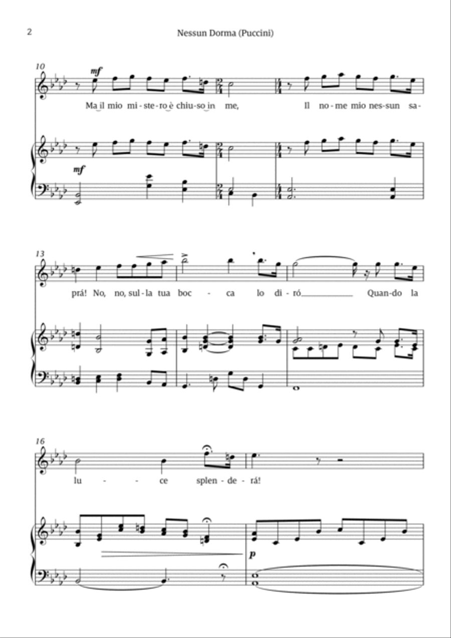Nessun Dorma (for soprano and piano) Chamber Music scores gallery preview page 2