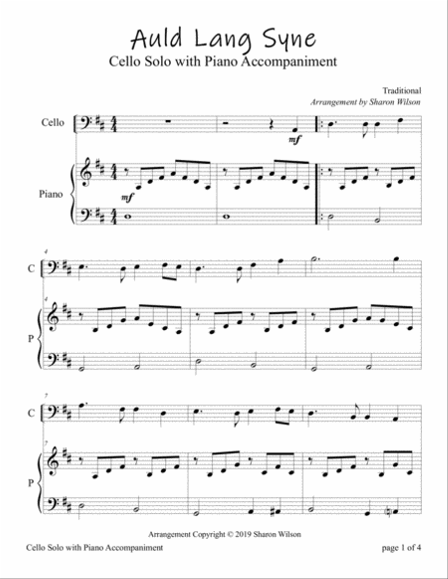 Auld Lang Syne (Easy Cello Solo with Piano Accompaniment) Piano scores gallery preview page 3