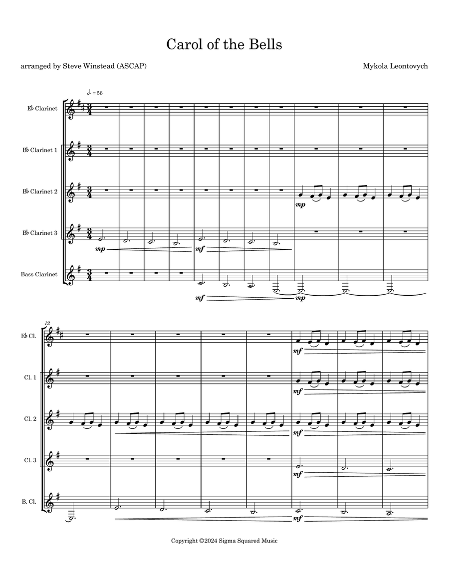 Carol of the Bells for Clarinet Quintet or Choir Choir scores gallery preview page 2