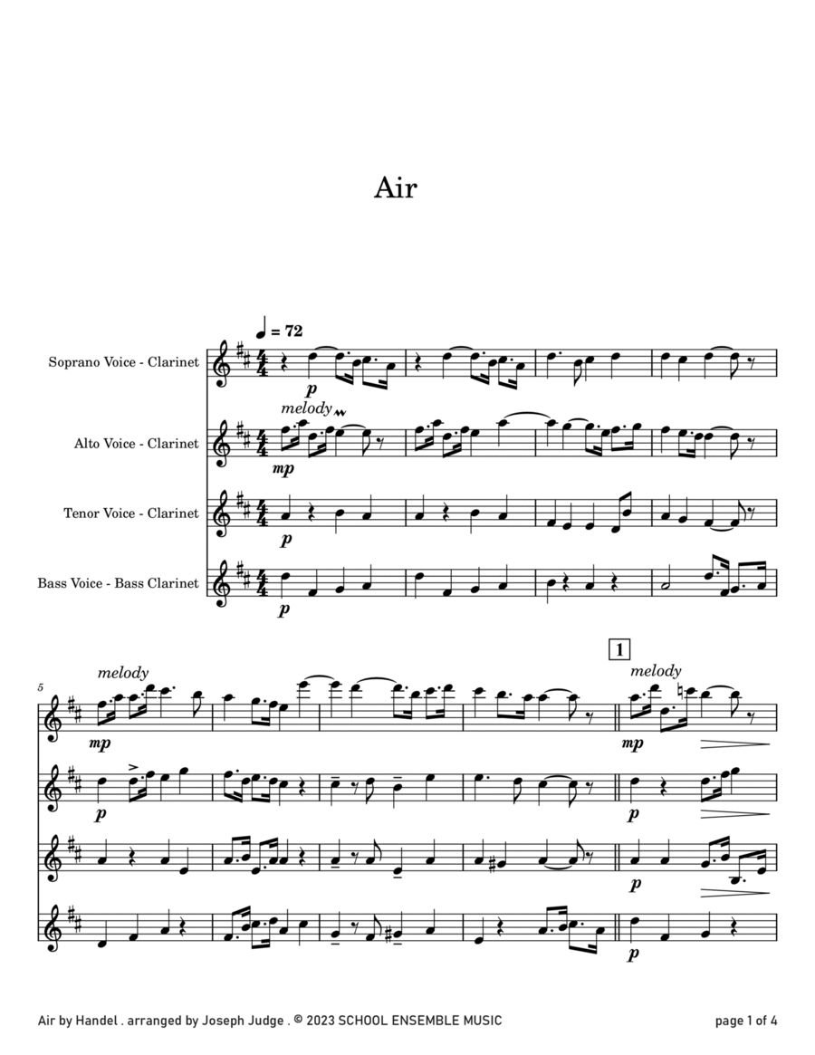 Air by Handel for Clarinet Quartet in Schools Clarinet Quartet scores gallery preview page 1